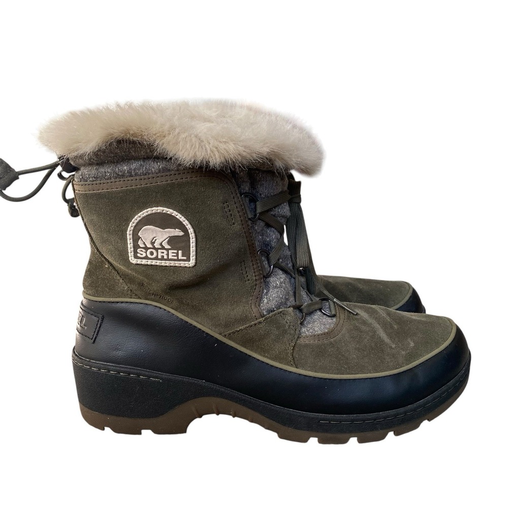 Sorel Waterproof Winter Snow Boots Size 11 EU 42 Olive Green Suede Faux Fur